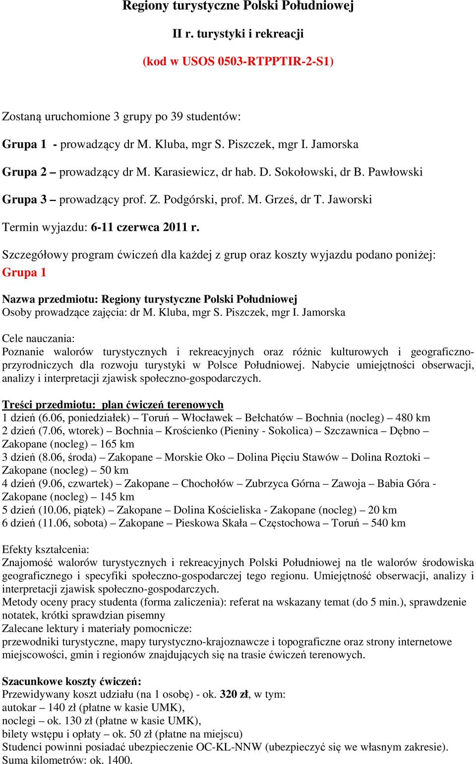 Szczegółowy program ćwiczeń dla każdej z grup oraz koszty wyjazdu podano poniżej: Grupa 1 Osoby prowadzące zajęcia: dr M. Kluba, mgr S. Piszczek, mgr I.