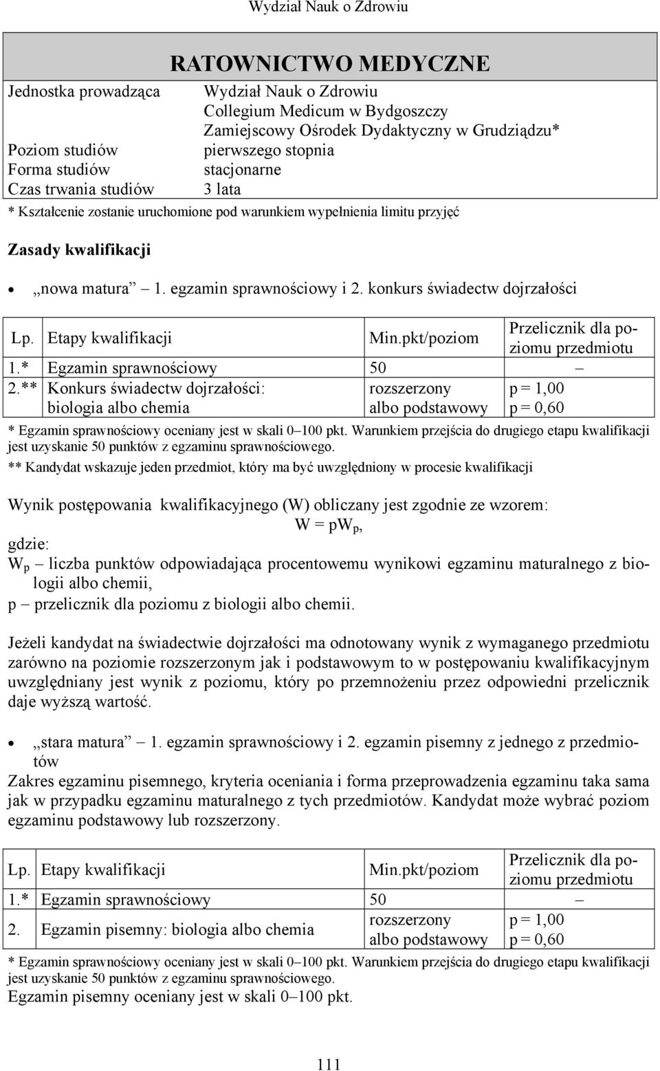 Konkurs świadectw dojrzałości: biologia albo chemia rozszerzony albo podstawowy p = 1,00 p = 0,60 Egzamin sprawnościowy oceniany jest w skali 0 100 pkt.