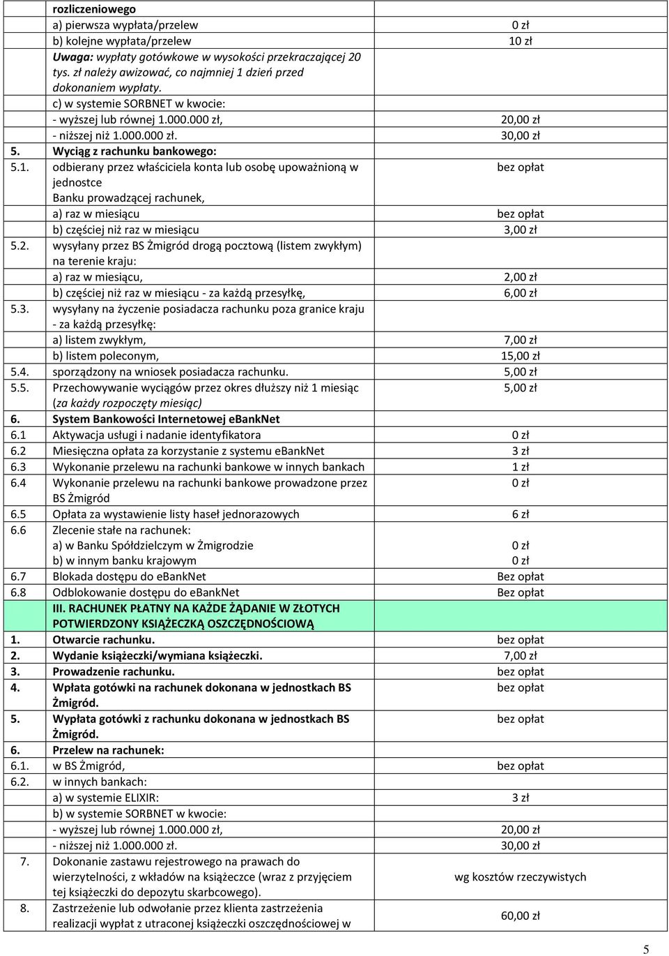 000.00, 20,0 - niższej niż 1.000.00. 30,0 5. Wyciąg z rachunku bankowego: 5.1. odbierany przez właściciela konta lub osobę upoważnioną w jednostce Banku prowadzącej rachunek, a) raz w miesiącu b) częściej niż raz w miesiącu 3,0 5.