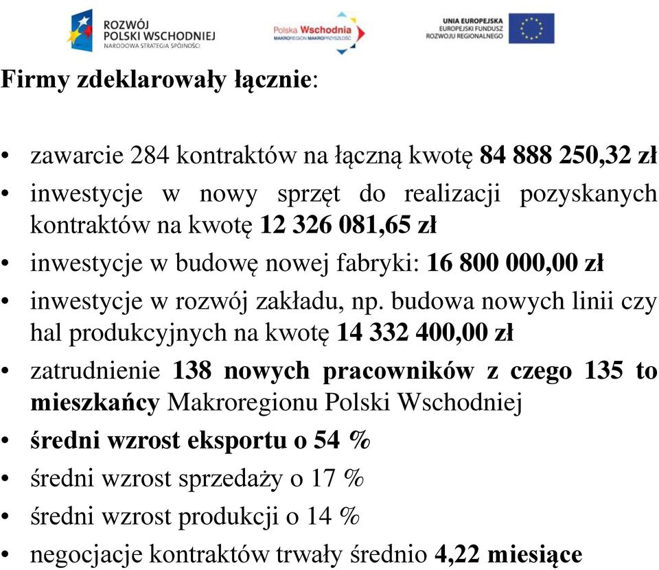 budowa nowych linii czy hal produkcyjnych na kwotę 14 332 400,00 zł zatrudnienie 138 nowych pracowników z czego 135 to mieszkańcy