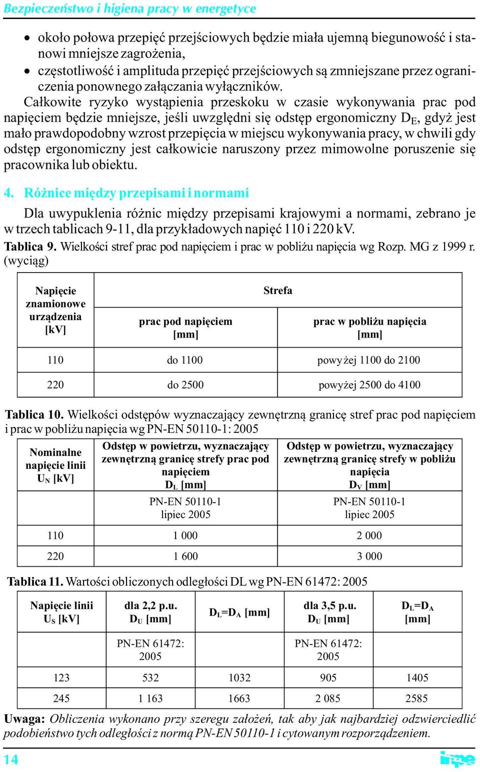 Całkowite ryzyko wystąpienia przeskoku w czasie wykonywania prac pod napięciem będzie mniejsze, jeśli uwzględni się odstęp ergonomiczny D E, gdyż jest mało prawdopodobny wzrost przepięcia w miejscu
