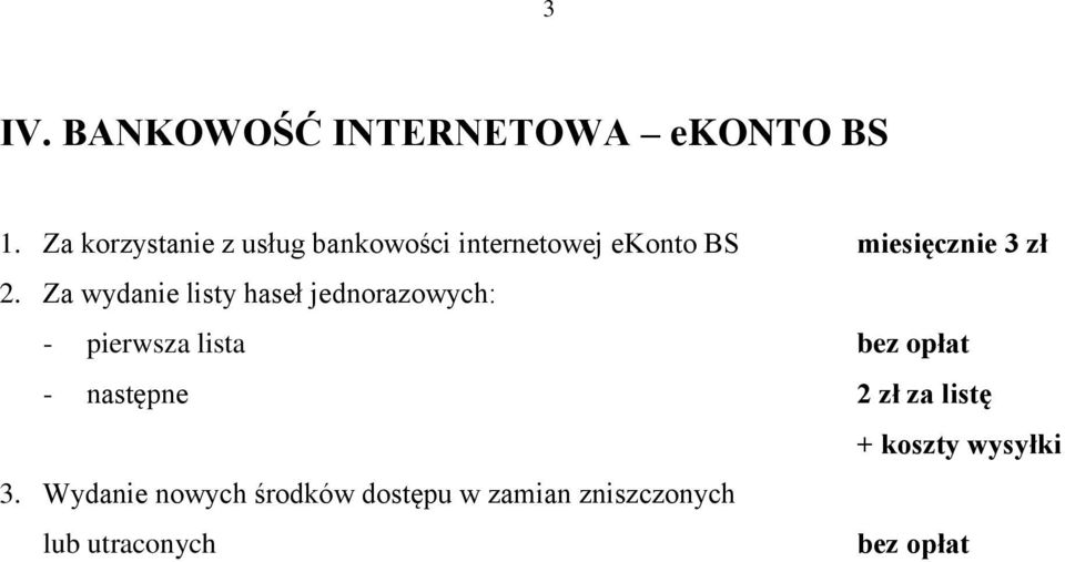 zł 2. Za wydanie listy haseł jednorazowych: - pierwsza lista -