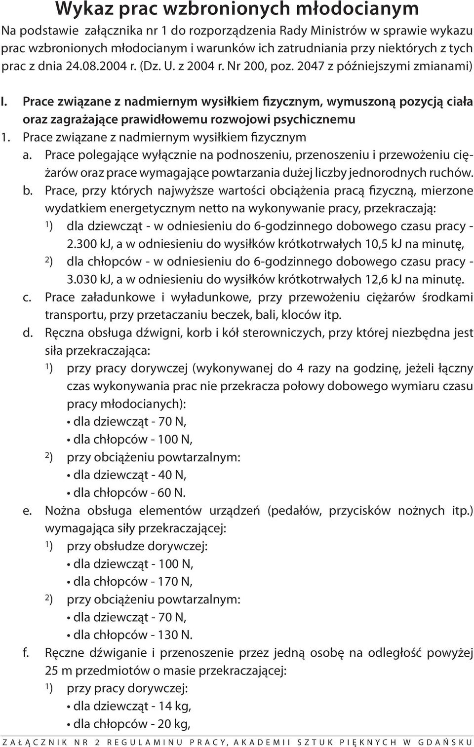 Prace związane z nadmiernym wysiłkiem fizycznym, wymuszoną pozycją ciała oraz zagrażające prawidłowemu rozwojowi psychicznemu 1. Prace związane z nadmiernym wysiłkiem fizycznym a.