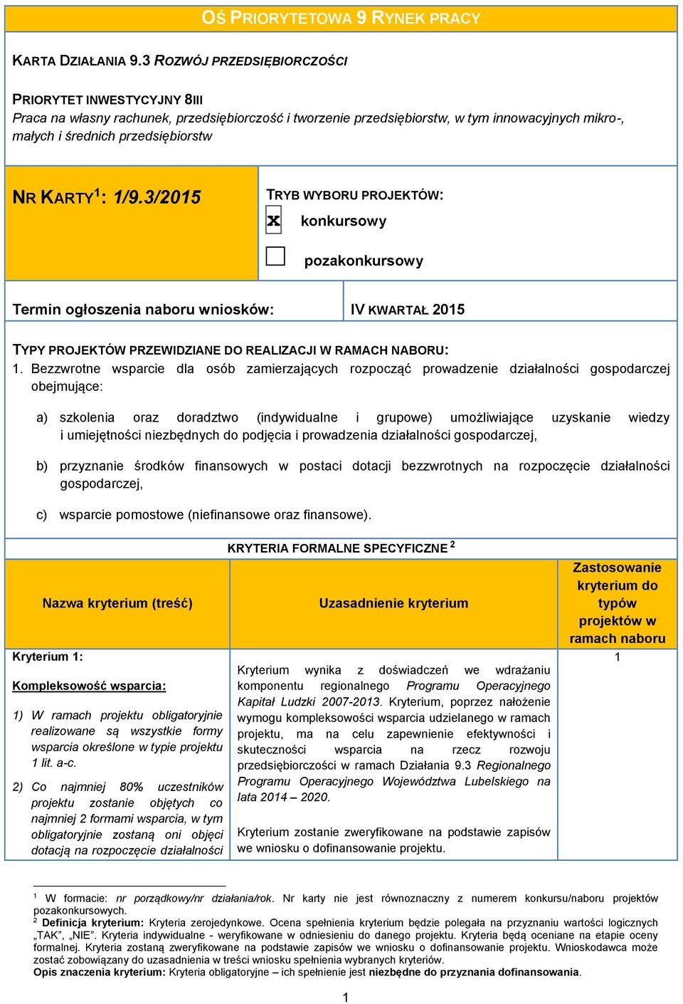 1 : 1/9.3/2015 TRYB WYBORU PROJEKTÓW: x konkursowy pozakonkursowy Termin ogłoszenia naboru wniosków: IV KWARTAŁ 2015 TYPY PROJEKTÓW PRZEWIDZIANE DO REALIZACJI W RAMACH NABORU: 1.