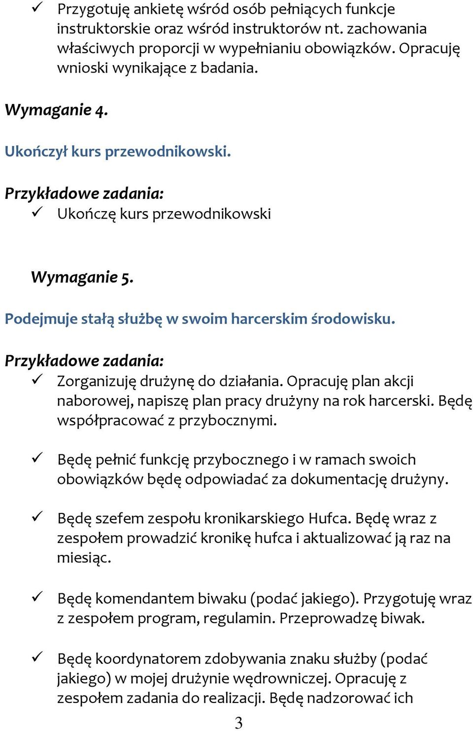 Opracuję plan akcji naborowej, napiszę plan pracy drużyny na rok harcerski. Będę współpracować z przybocznymi.