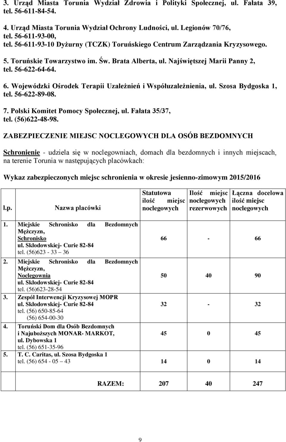 Wojewódzki Ośrodek Terapii Uzależnień i Współuzależnienia, ul. Szosa Bydgoska 1, tel. 56-622-89-08. 7. Polski Komitet Pomocy Społecznej, ul. Fałata 35/37, tel. (56)622-48-98.