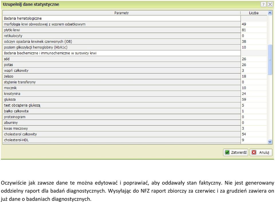 Nie jest generowany oddzielny raport dla badań diagnostycznych.