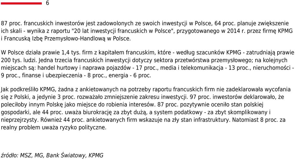 W Polsce działa prawie 1,4 tys. firm z kapitałem francuskim, które - według szacunków KPMG - zatrudniają prawie 200 tys. ludzi.