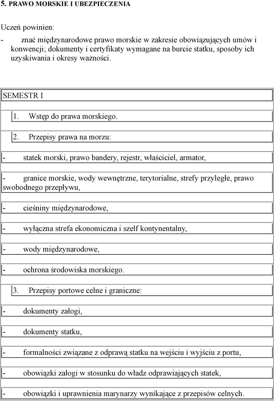 Przepisy prawa na morzu: - statek morski, prawo bandery, rejestr, właściciel, armator, - granice morskie, wody wewnętrzne, terytorialne, strefy przyległe, prawo swobodnego przepływu, - cieśniny
