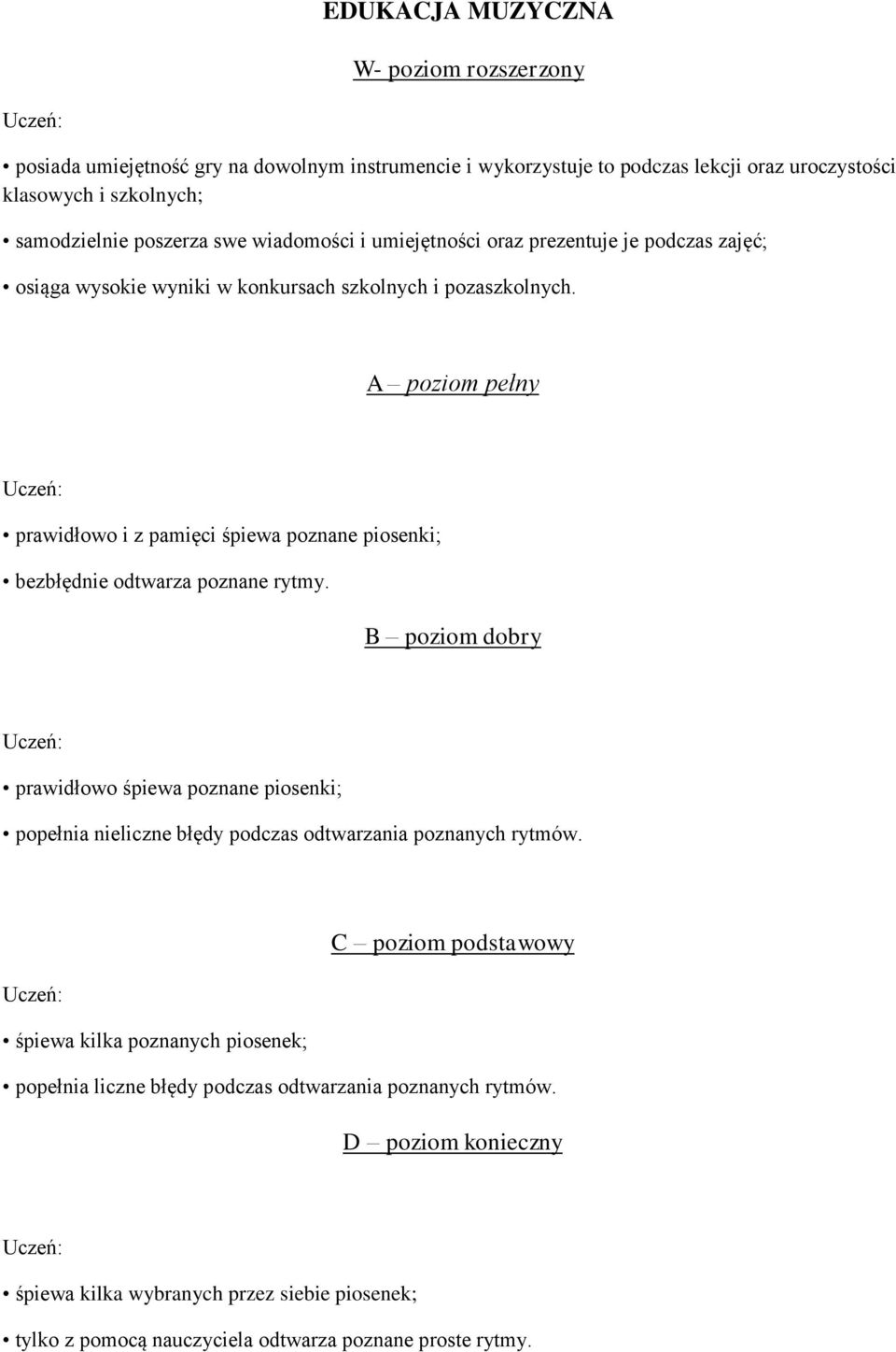 A poziom pełny prawidłowo i z pamięci śpiewa poznane piosenki; bezbłędnie odtwarza poznane rytmy.