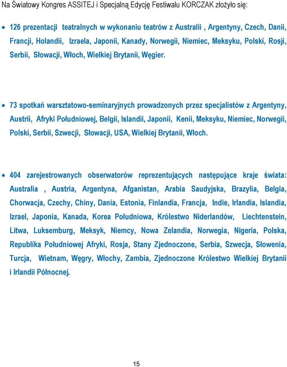 73 spotkań warsztatowo-seminaryjnych prowadzonych przez specjalistów z Argentyny, Austrii, Afryki Południowej, Belgii, Islandii, Japonii, Kenii, Meksyku, Niemiec, Norwegii, Polski, Serbii, Szwecji,
