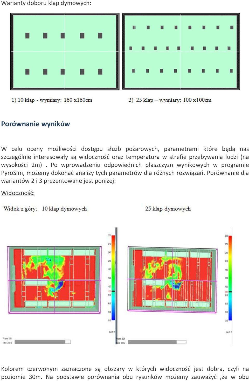 Po wprowadzeniu odpowiednich płaszczyzn wynikowych w programie PyroSim, możemy dokonać analizy tych parametrów dla różnych rozwiązań.