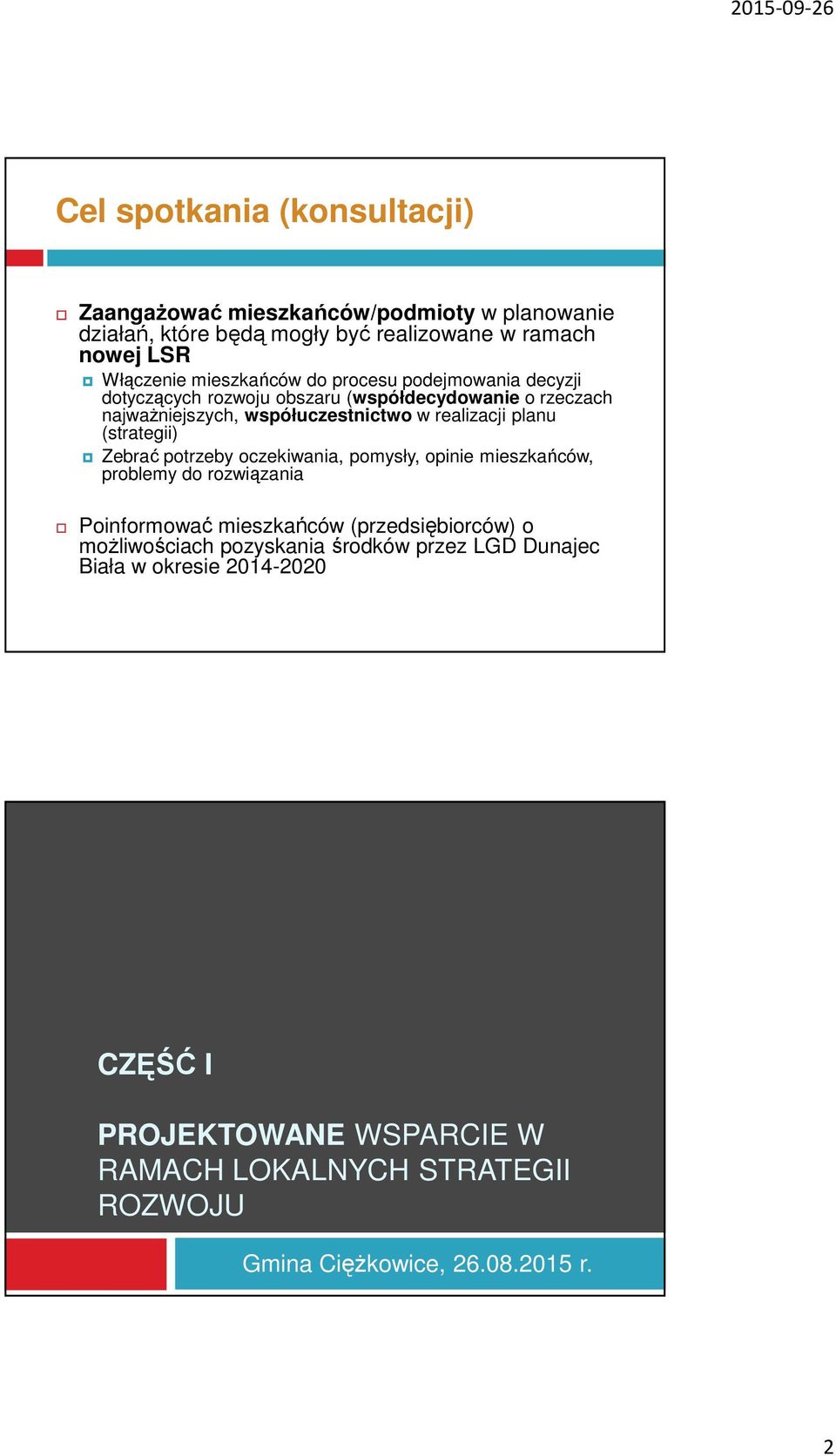 planu (strategii) Zebrać potrzeby oczekiwania, pomysły, opinie mieszkańców, problemy do rozwiązania Poinformować mieszkańców (przedsiębiorców) o