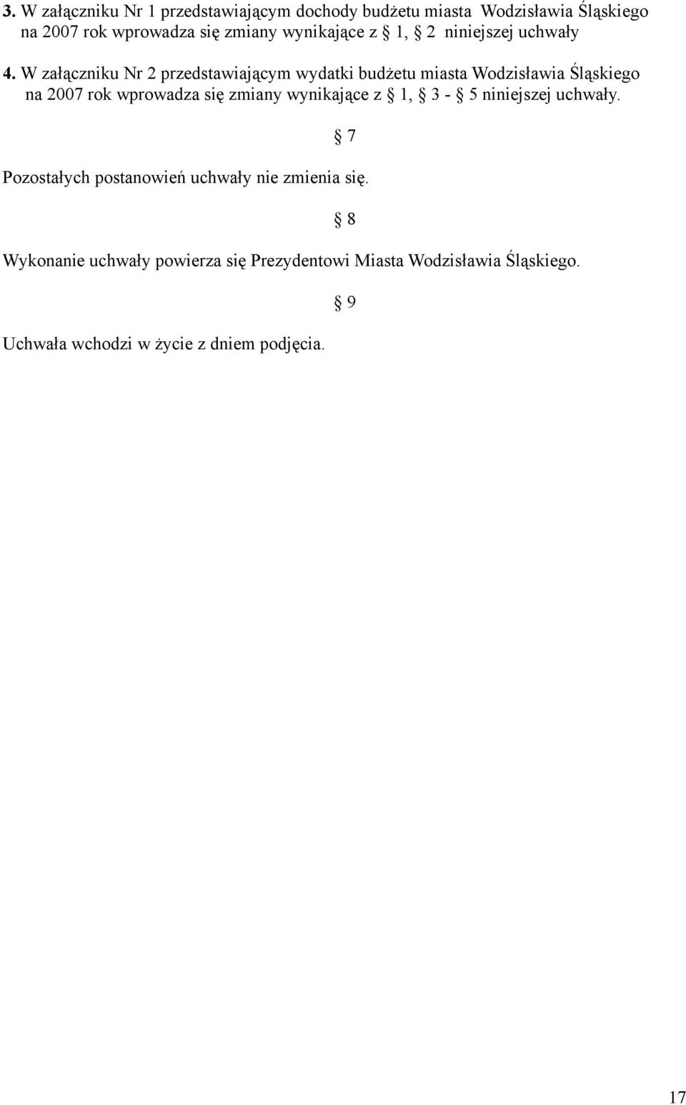 W załączniku Nr 2 przedstawiającym wydatki budżetu miasta Wodzisławia Śląskiego na 2007 rok wprowadza się zmiany