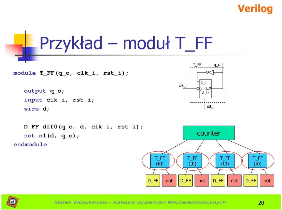 dff0(q_o, d, clk_i, rst_i); not n1(d, q_o); endmodule counter T_FF