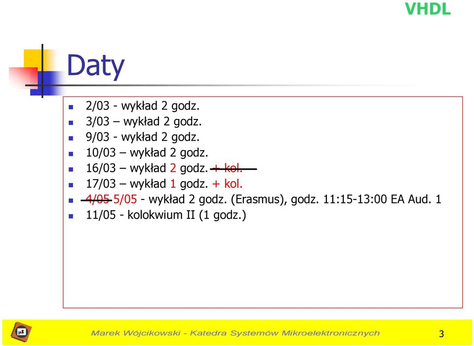 16/03 wykład 2 godz. + kol. 17/03 wykład 1 godz. + kol. 4/05 5/05 - wykład 2 godz.