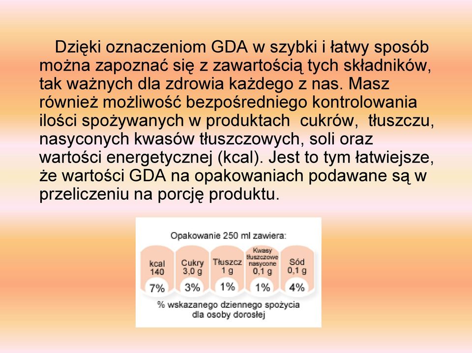 Masz również możliwość bezpośredniego kontrolowania ilości spożywanych w produktach cukrów, tłuszczu,