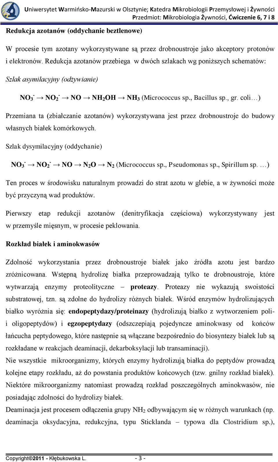 coli ) Przemiana ta (zbiałczanie azotanów) wykorzystywana jest przez drobnoustroje do budowy własnych białek komórkowych. Szlak dysymilacyjny (oddychanie) NO 3 - NO 2 - NO N 2 O N 2 (Micrococcus sp.