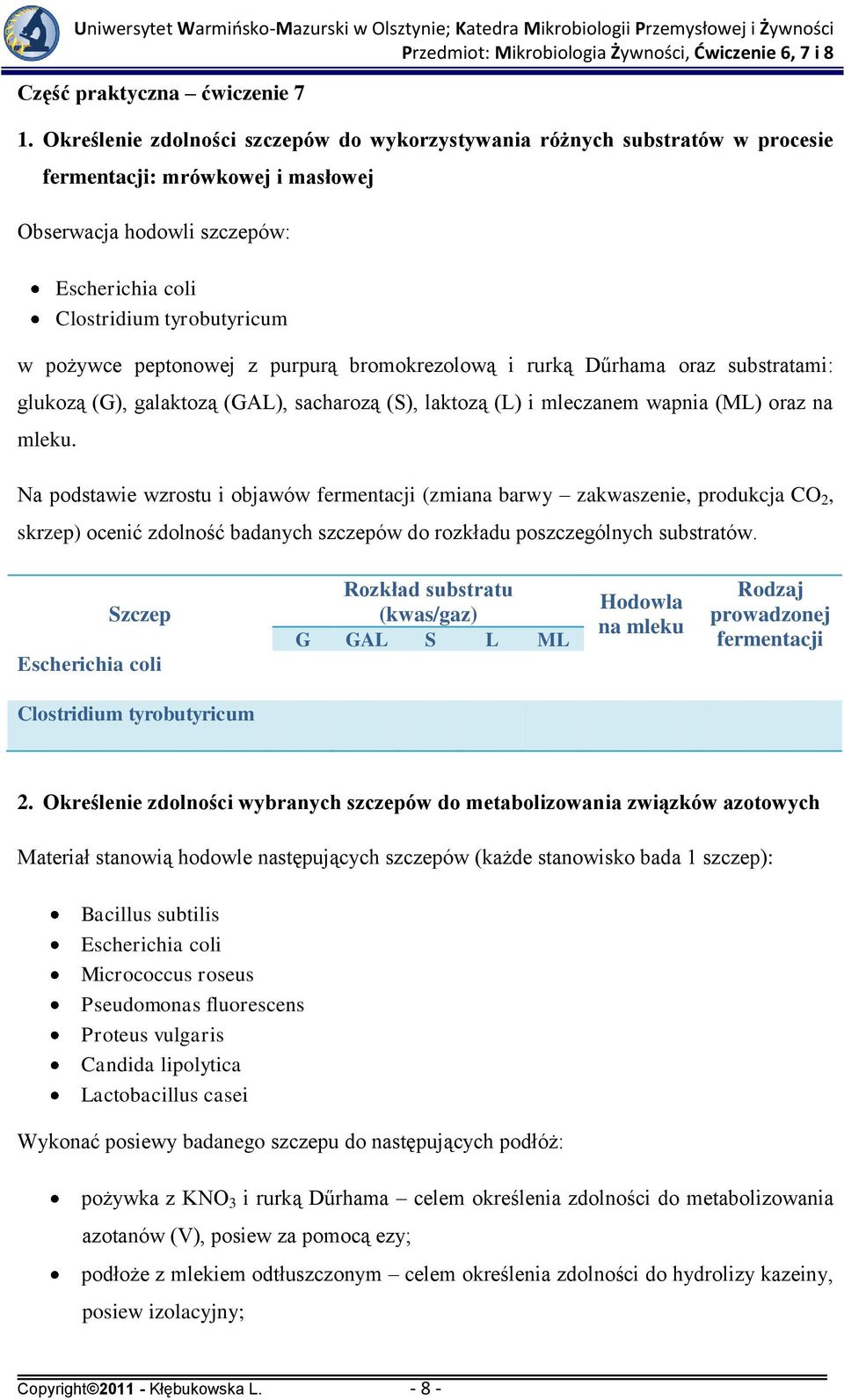 peptonowej z purpurą bromokrezolową i rurką Dűrhama oraz substratami: glukozą (G), galaktozą (GAL), sacharozą (S), laktozą (L) i mleczanem wapnia (ML) oraz na mleku.