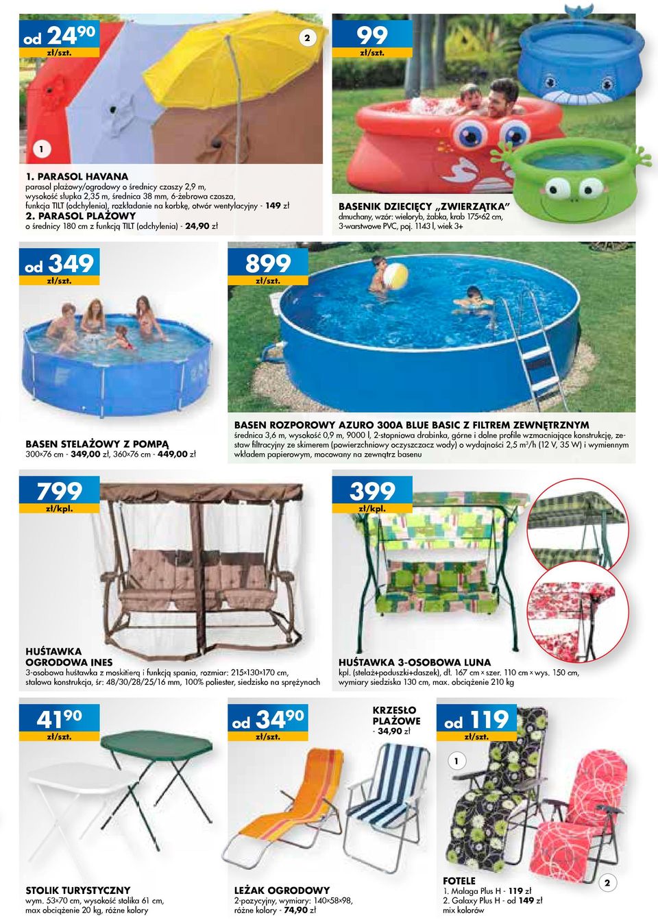parasol plażowy o średnicy 80 cm z funkcją TILT (odchylenia) - 4,90 zł BAsenik dziecięcy zwierzątka zątka dmuchany, wzór: wieloryb, żabka, krab 75x6 cm, 3-warstwowe PVC, poj.