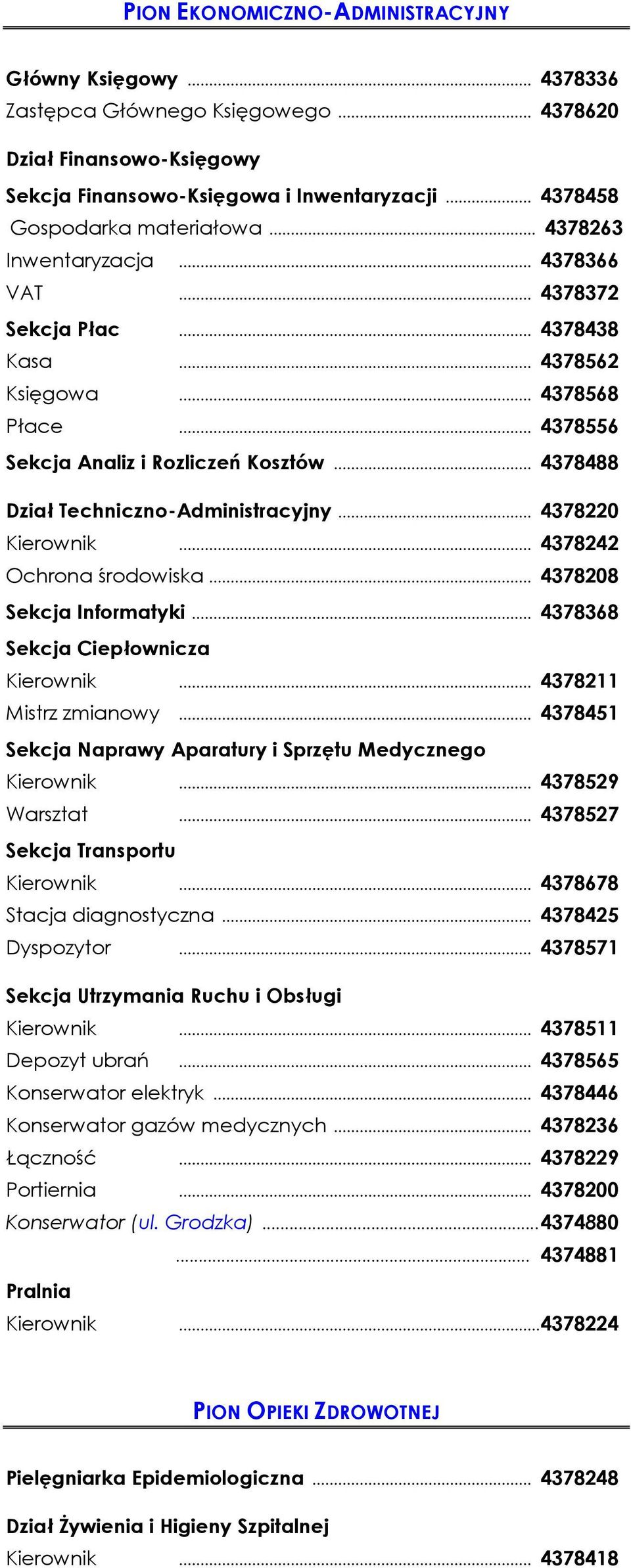 .. 4378488 Dział Techniczno-Administracyjny... 4378220 Kierownik... 4378242 Ochrona środowiska... 4378208 Sekcja Informatyki... 4378368 Sekcja Ciepłownicza Kierownik... 4378211 Mistrz zmianowy.