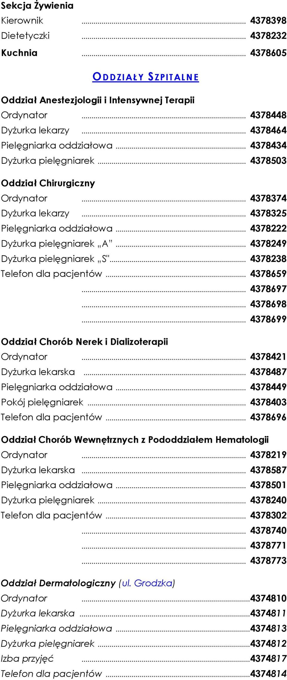 .. 4378222 DyŜurka pielęgniarek A... 4378249 DyŜurka pielęgniarek S"... 4378238 Telefon dla pacjentów... 4378659... 4378697... 4378698... 4378699 Oddział Chorób Nerek i Dializoterapii Ordynator.