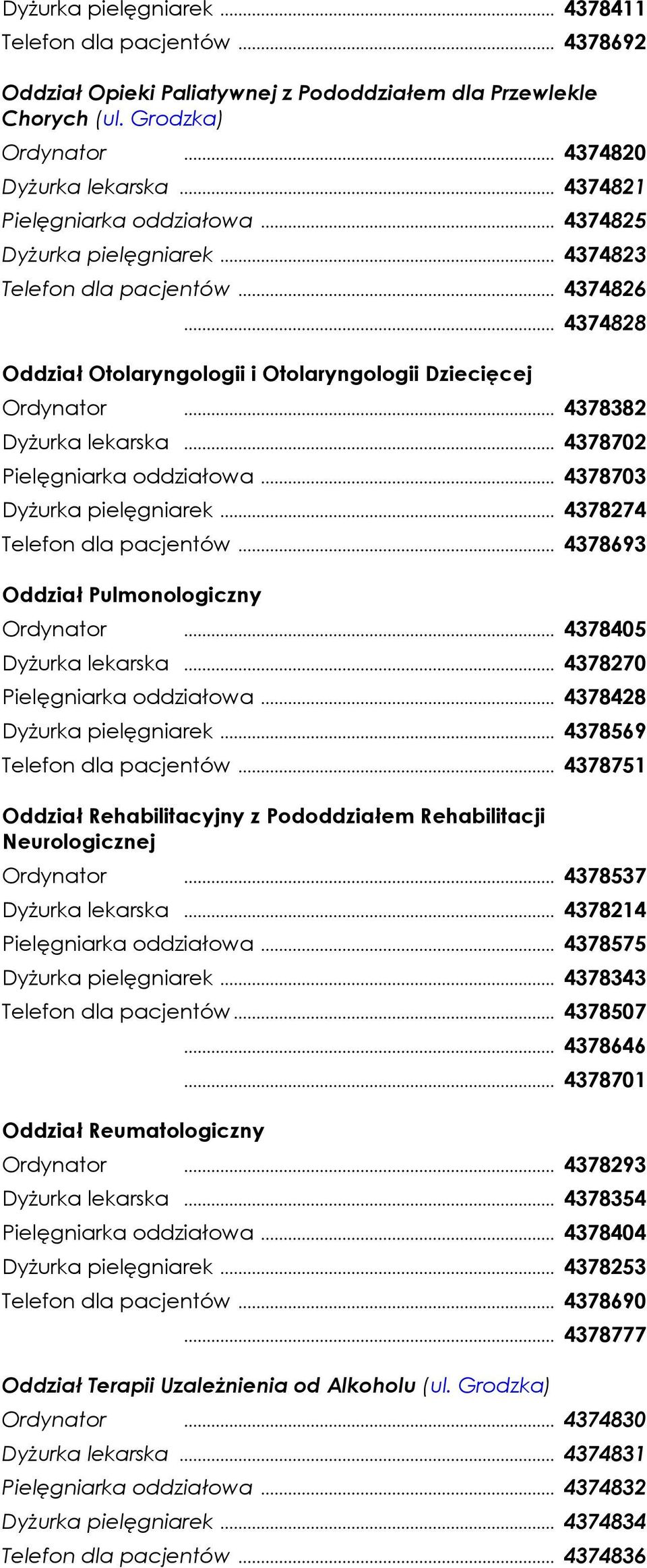 .. 4378382 DyŜurka lekarska... 4378702 Pielęgniarka oddziałowa... 4378703 DyŜurka pielęgniarek... 4378274 Telefon dla pacjentów... 4378693 Oddział Pulmonologiczny Ordynator... 4378405 DyŜurka lekarska.