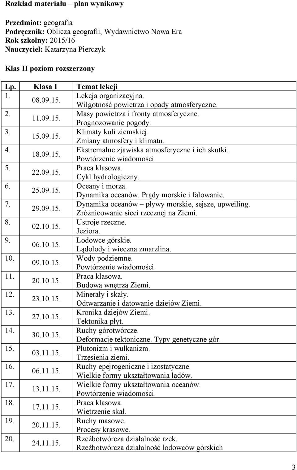 15.09.15. Zmiany atmosfery i klimatu. 4. Ekstremalne zjawiska atmosferyczne i ich skutki. 18.09.15. 5. 22.09.15. Cykl hydrologiczny. 6. Oceany i morza. 25.09.15. Dynamika oceanów.