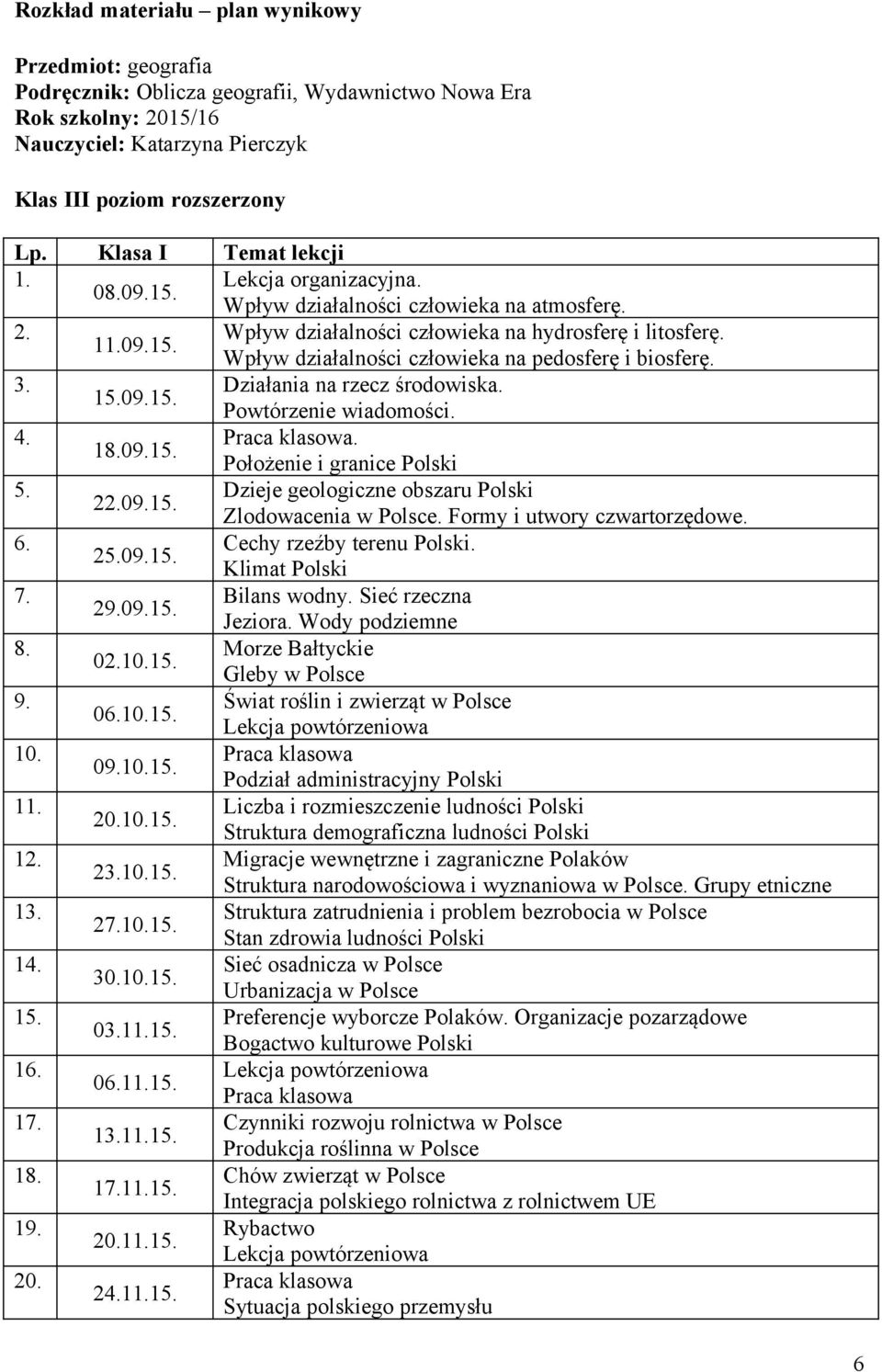 3. Działania na rzecz środowiska. 15.09.15. 4. 18.09.15. Położenie i granice Polski 5. Dzieje geologiczne obszaru Polski 22.09.15. Zlodowacenia w Polsce. Formy i utwory czwartorzędowe. 6.