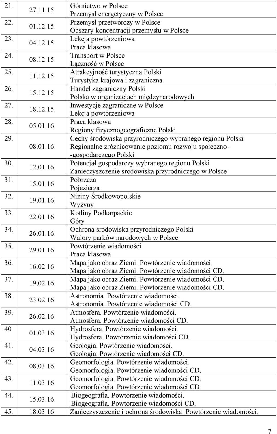 05.01.16. Regiony fizycznogeograficzne Polski 29. Cechy środowiska przyrodniczego wybranego regionu Polski 08.01.16. Regionalne zróżnicowanie poziomu rozwoju społeczno- -gospodarczego Polski 30.