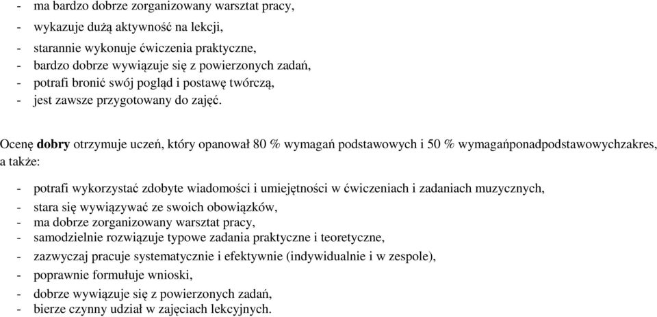 Ocenę dobry otrzymuje uczeń, który opanował 80 % wymagań podstawowych i 50 % wymagańponadpodstawowychzakres, a także: - potrafi wykorzystać zdobyte wiadomości i umiejętności w ćwiczeniach i zadaniach