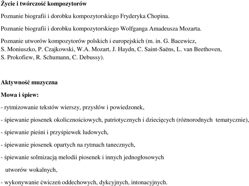 Aktywność muzyczna Mowa i śpiew: - rytmizowanie tekstów wierszy, przysłów i powiedzonek, - śpiewanie piosenek okolicznościowych, patriotycznych i dziecięcych (różnorodnych tematycznie), - śpiewanie