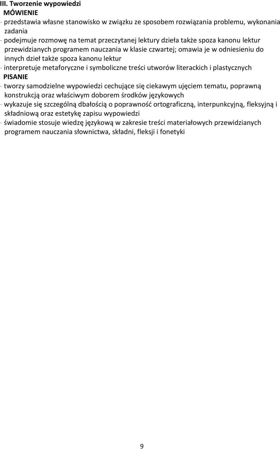 plastycznych - tworzy samodzielne wypowiedzi cechujące się ciekawym ujęciem tematu, poprawną konstrukcją oraz właściwym doborem środków językowych - wykazuje się szczególną dbałością o poprawność