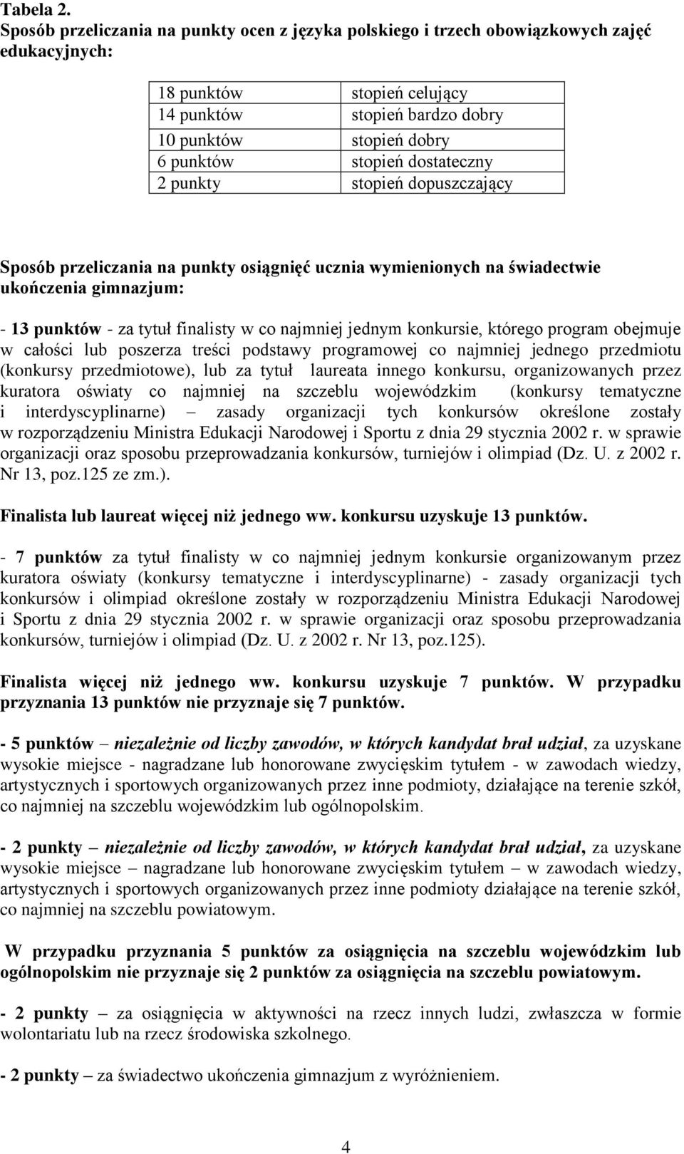 dostateczny 2 punkty stopień dopuszczający Sposób przeliczania na punkty osiągnięć ucznia wymienionych na świadectwie ukończenia gimnazjum: - 13 punktów - za tytuł finalisty w co najmniej jednym