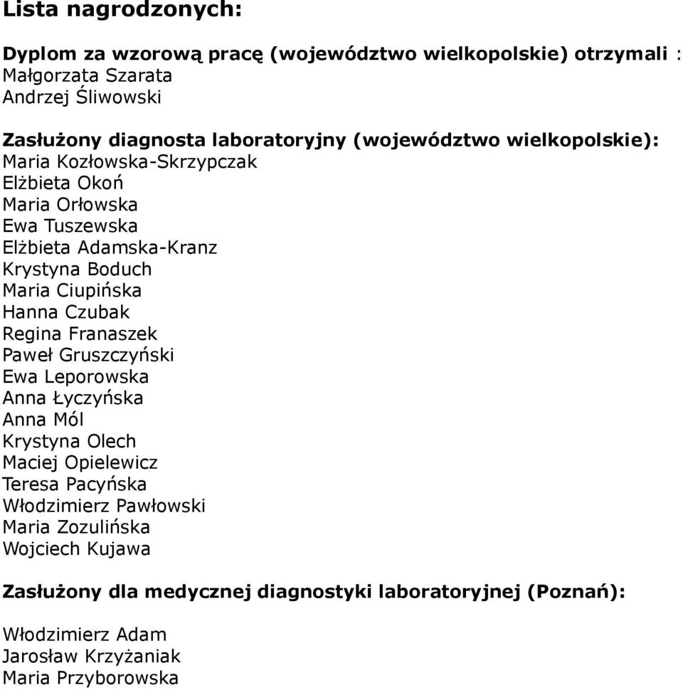 Hanna Czubak Regina Franaszek Paweł Gruszczyński Ewa Leporowska Anna Łyczyńska Anna Mól Krystyna Olech Maciej Opielewicz Teresa Pacyńska Włodzimierz