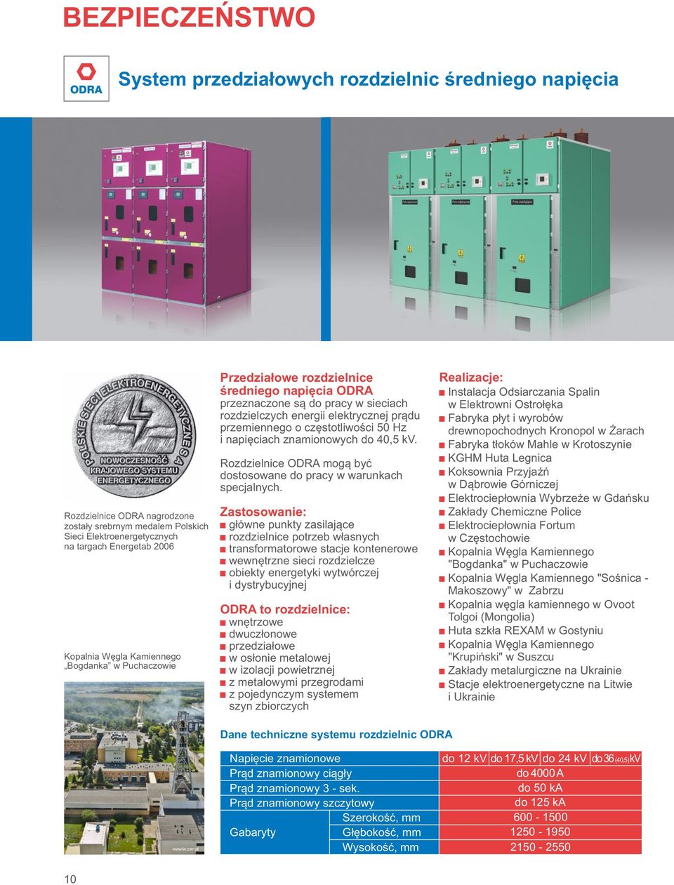 napięciach znamionowych do 40,5 kv. Rozdzielnice ODRA mogą być dostosowane do pracy w warunkach specjalnych.