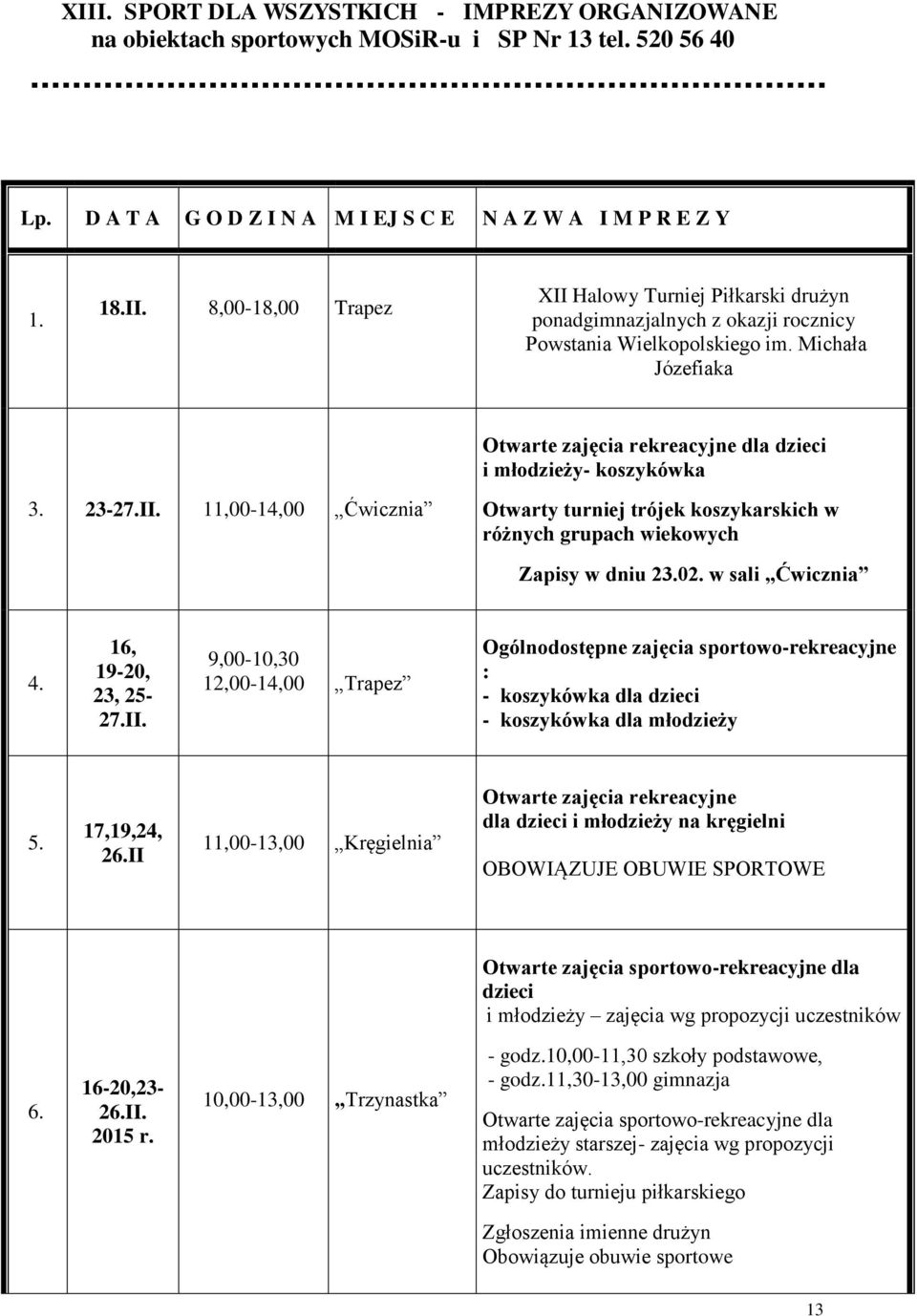 w sali Ćwicznia 4. 16, 19-20, 23, 25-27.II. 9,00-10,30 12,00-14,00 Trapez Ogólnodostępne zajęcia sportowo-rekreacyjne : - koszykówka dla dzieci - koszykówka dla młodzieży 5. 17,19,24, 26.