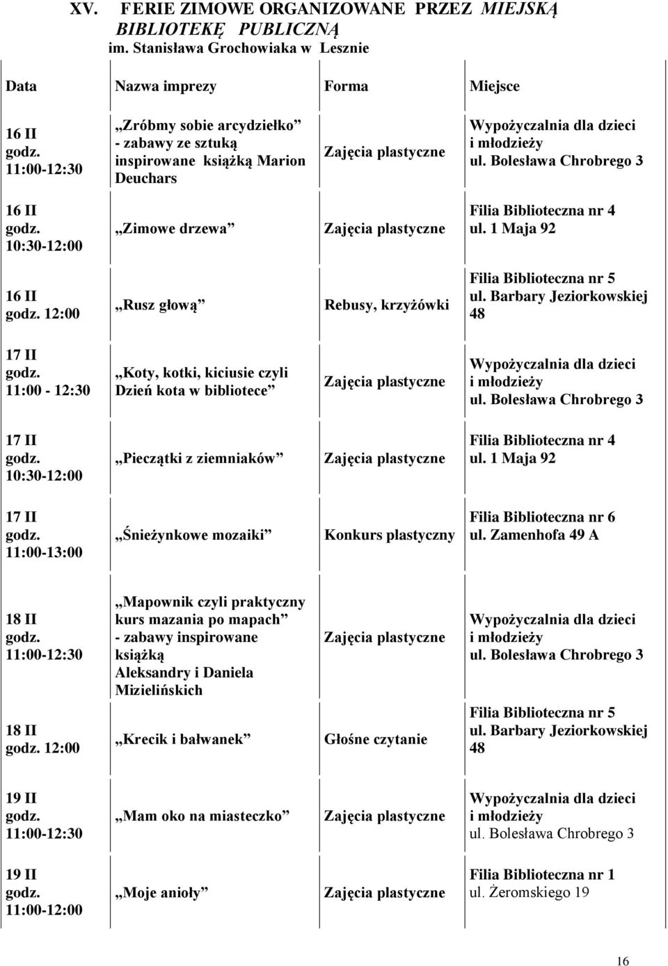 młodzieży ul. Bolesława Chrobrego 3 16 II 10:30-12:00 Zimowe drzewa Filia Biblioteczna nr 4 ul. 1 Maja 92 16 II 12:00 Rusz głową Rebusy, krzyżówki Filia Biblioteczna nr 5 ul.