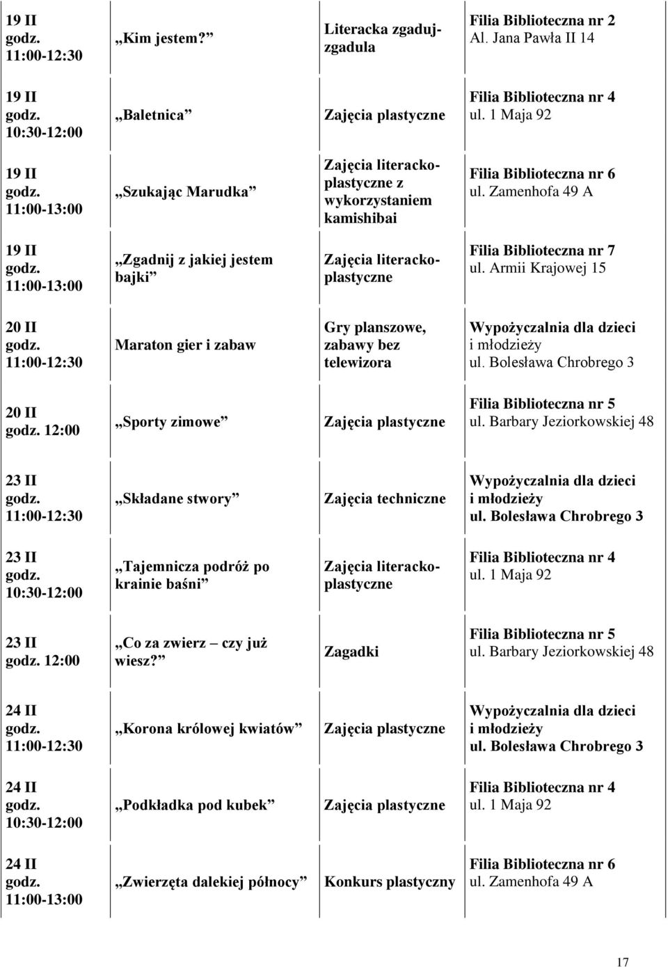 Zamenhofa 49 A 19 II 11:00-13:00 Zgadnij z jakiej jestem bajki Zajęcia literackoplastyczne Filia Biblioteczna nr 7 ul.
