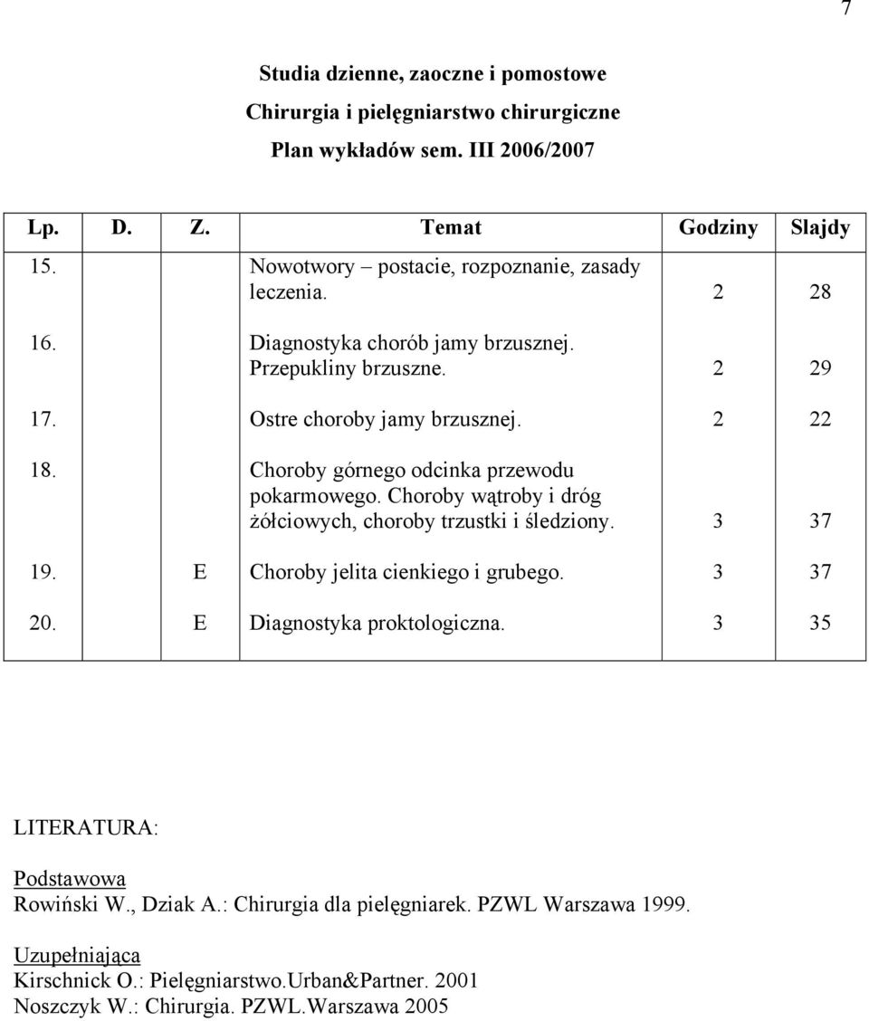 Choroby górnego odcinka przewodu pokarmowego. Choroby wątroby i dróg żółciowych, choroby trzustki i śledziony. 7 19. E Choroby jelita cienkiego i grubego. 7 0.