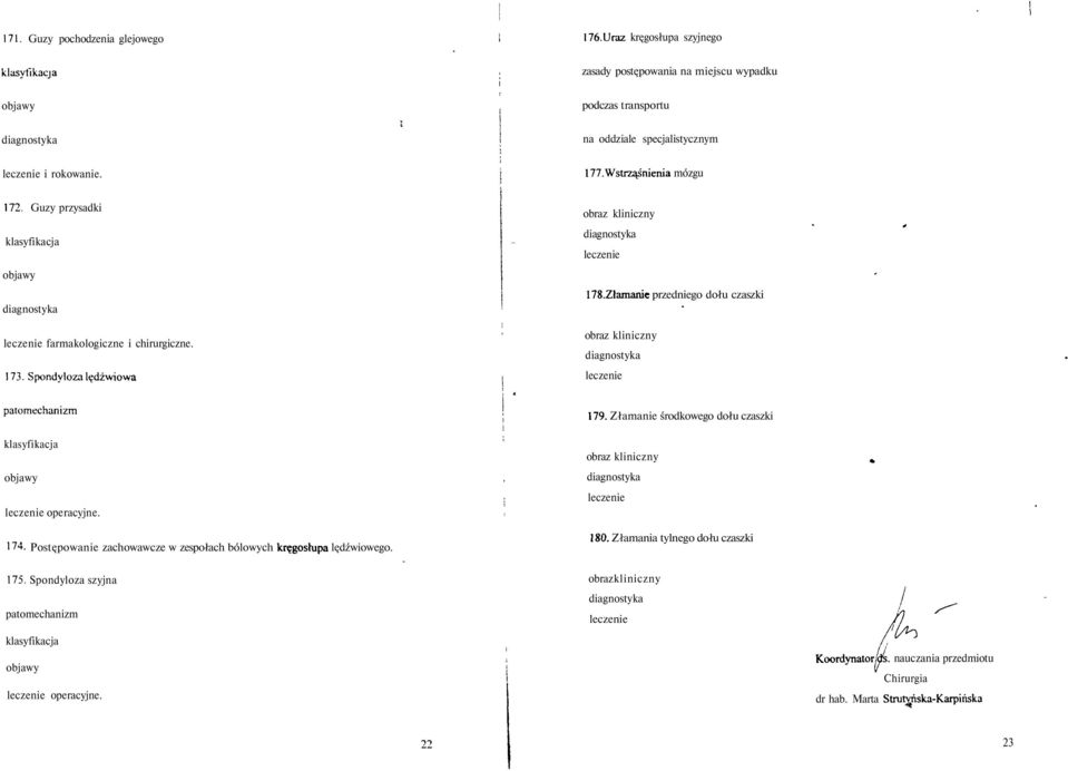 Wstrząśnienia mózgu 172. Guzy przysadki klasyfikacja farmakologiczne i chirurgiczne. 173. Spondyloza lędźwiowa 178.