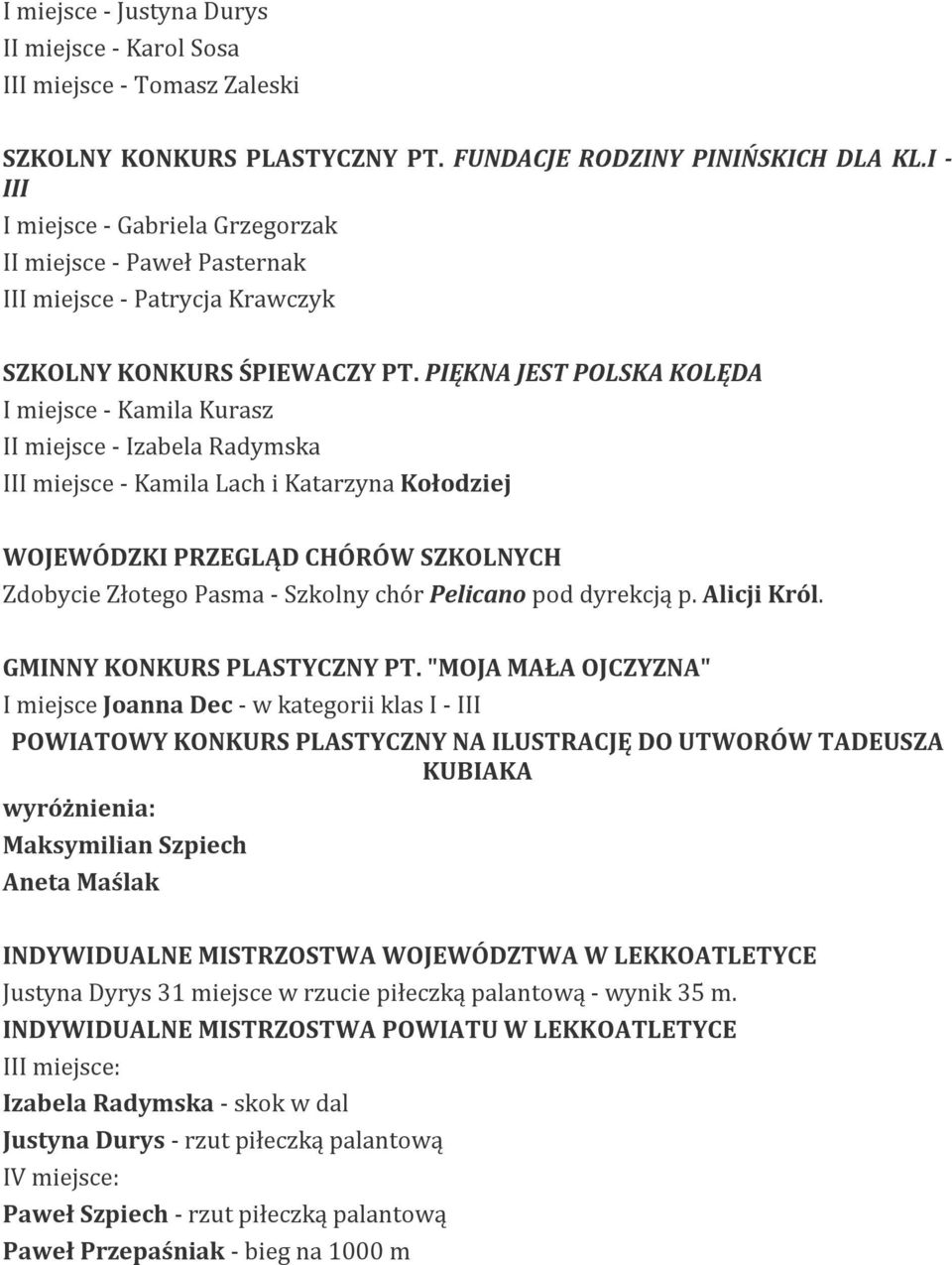 PIĘKNA JEST POLSKA KOLĘDA I miejsce - Kamila Kurasz II miejsce - Izabela Radymska III miejsce - Kamila Lach i Katarzyna Kołodziej WOJEWÓDZKI PRZEGLĄD CHÓRÓW SZKOLNYCH Zdobycie Złotego Pasma - Szkolny