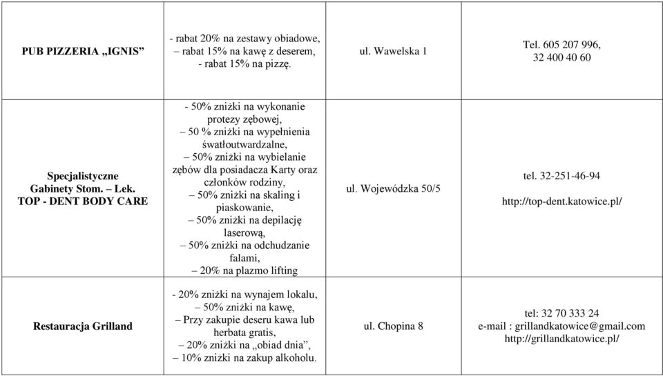 skaling i piaskowanie, 50% zniżki na depilację laserową, 50% zniżki na odchudzanie falami, 20% na plazmo lifting ul. Wojewódzka 50/5 tel. 32-251-46-94 http://top-dent.katowice.
