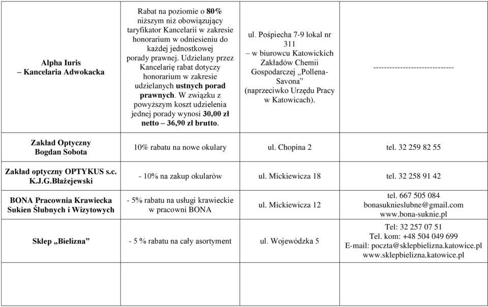 Pośpiecha 7-9 lokal nr 311 w biurowcu Katowickich Zakładów Chemii Gospodarczej Pollena- Savona (naprzeciwko Urzędu Pracy w Katowicach).
