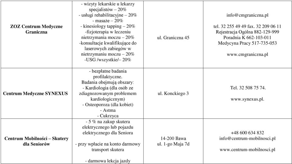 32 209 06 11 Rejestracja Ogólna 882-129-999 Poradnia K 662-103-011 Medycyna Pracy 517-735-053 www.cmgraniczna.