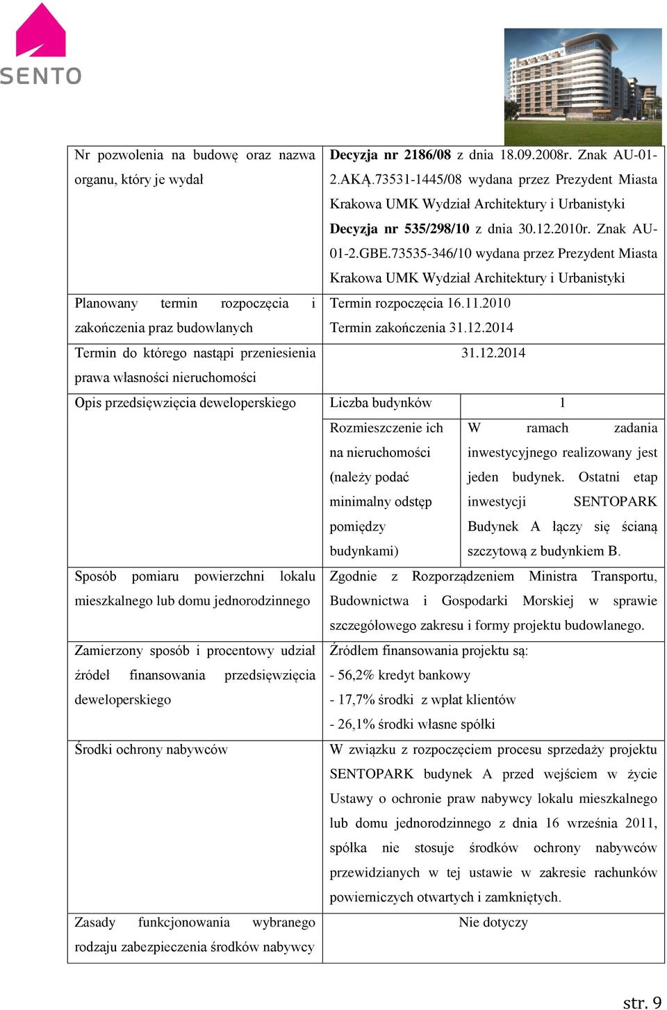 73535-346/10 wydana przez Prezydent Miasta Krakowa UMK Wydział Architektury i Urbanistyki Planowany termin rozpoczęcia i Termin rozpoczęcia 16.11.