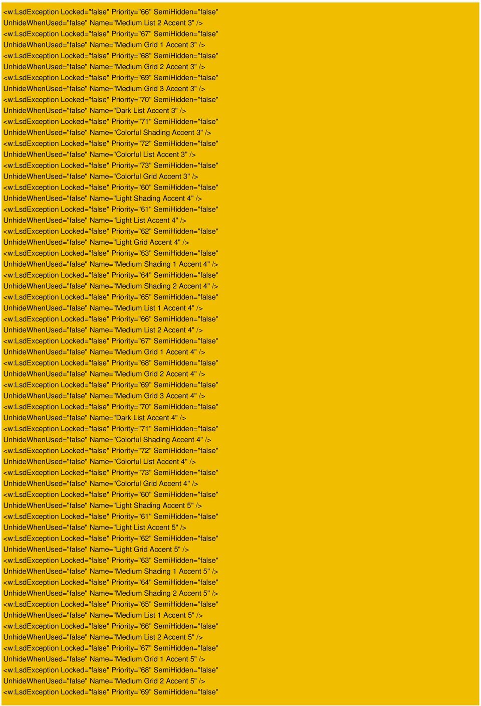 UnhideWhenUsed="false" Name="Colorful Grid Accent 3" /> UnhideWhenUsed="false" Name="Light Shading Accent 4" /> UnhideWhenUsed="false" Name="Light List Accent 4" /> UnhideWhenUsed="false" Name="Light
