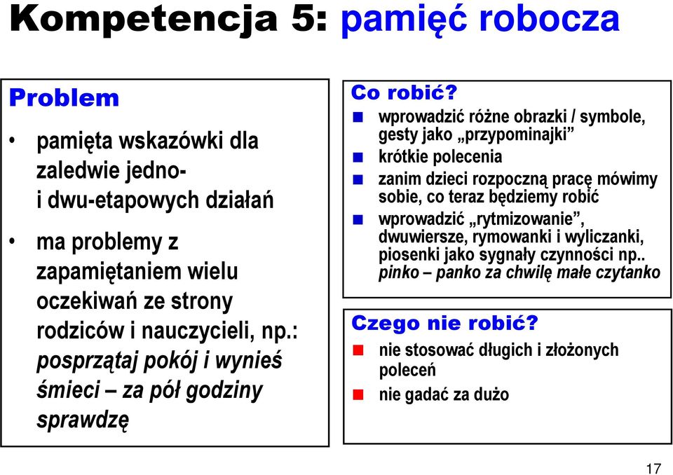 wprowadzić różne obrazki / symbole, gesty jako przypominajki krótkie polecenia zanim dzieci rozpoczną pracę mówimy sobie, co teraz będziemy robić