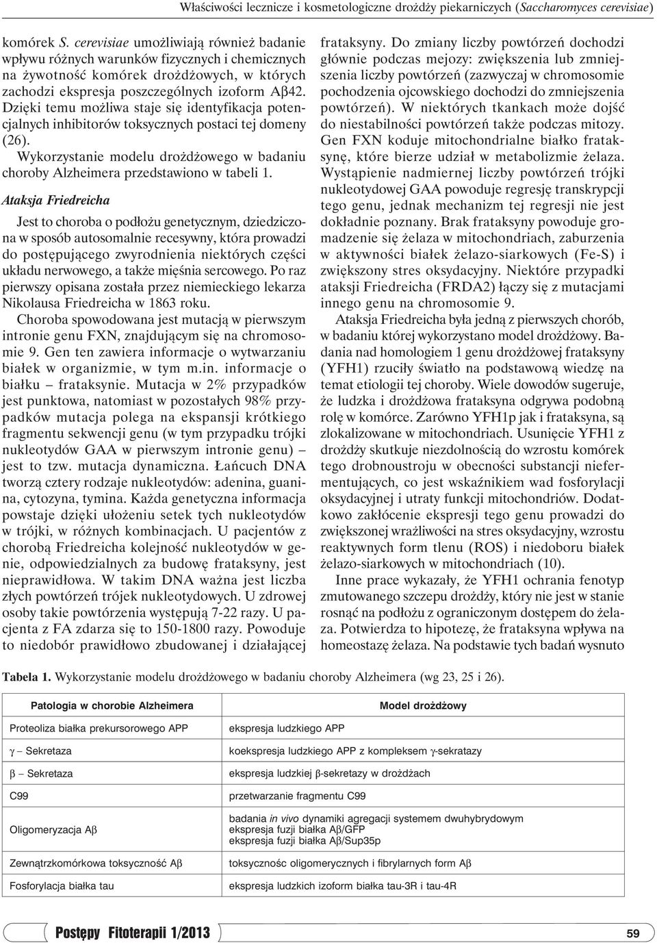 Dzięki temu możliwa staje się identyfikacja potencjalnych inhibitorów toksycznych postaci tej domeny (26). Wykorzystanie modelu drożdżowego w badaniu choroby Alzheimera przedstawiono w tabeli 1.