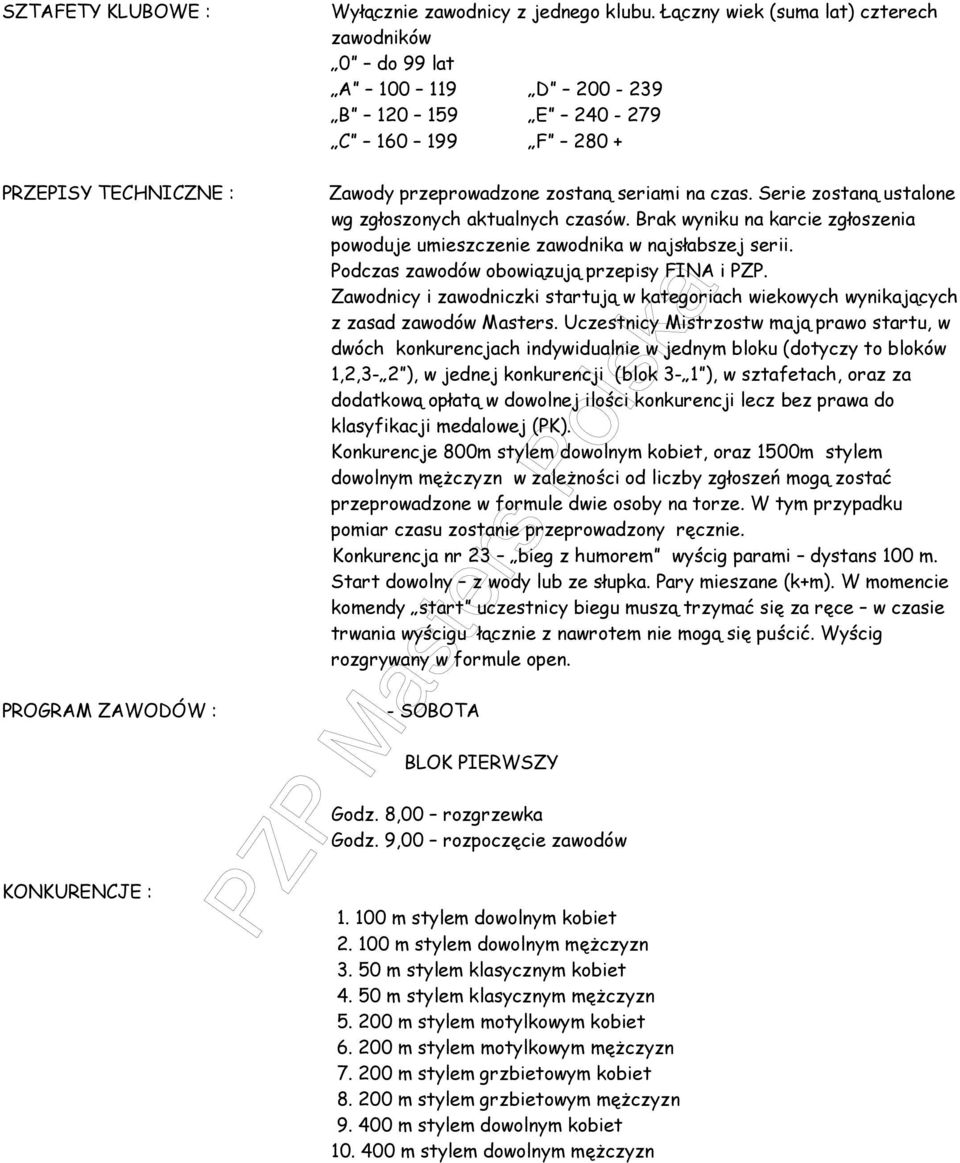 Serie zostaną ustalone wg zgłoszonych aktualnych czasów. Brak wyniku na karcie zgłoszenia powoduje umieszczenie zawodnika w najsłabszej serii. Podczas zawodów obowiązują przepisy FINA i PZP.